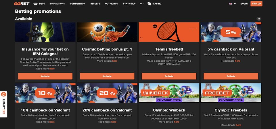 Screenshot of the GG.bet bonuses page